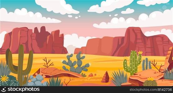 Desert landscape. Cartoon sand horizon with rocks, cactus and sandy valley. Vector wild desolated background. Nature with solid cliffs, dry land and plants, outdoor environment, hot climate. Desert landscape. Cartoon sand horizon with rocks, cactus and sandy valley. Vector wild desolated background
