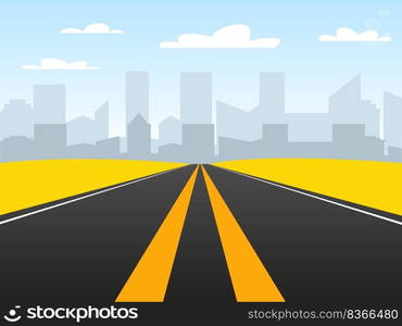 Desert landscape road. Straight asphalt road. Highway traffic with vertical yellow lines. Vector illustration.. Desert landscape road.