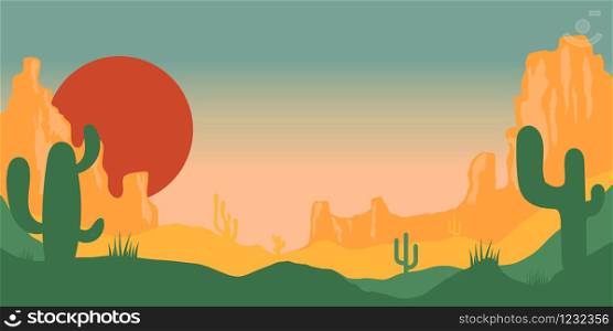 Desert landscape with cactuses and mountains in cartoon style. Design element for poster, card, banner, flyer. Vector illustration