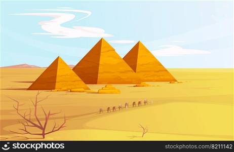 Desert landscape with egyptian pyramids and camels caravan, cartoon vector illustration. Hot golden sand dunes with pyramids on horizon and bedouins with camels. Desert banner. Desert landscape with egyptian pyramids and camels