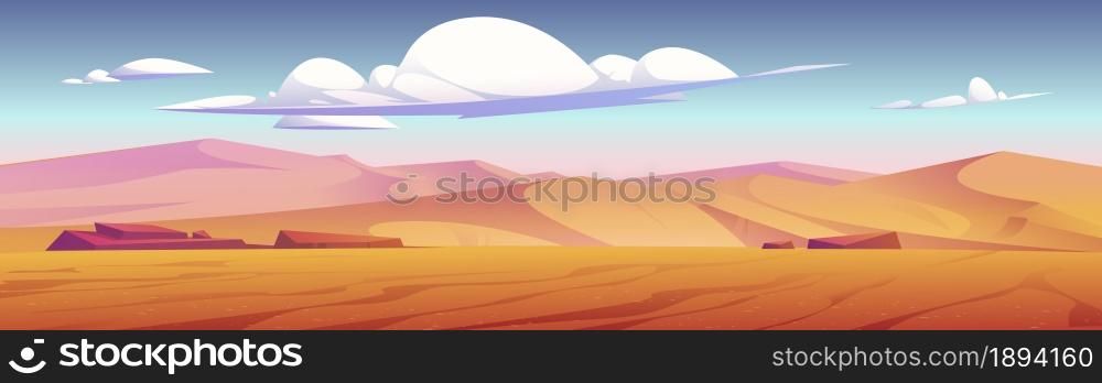 Desert landscape with golden sand dunes and stones under blue cloudy sky. Hot dry deserted african or mexican nature background with yellow sandy hills parallax scene, Cartoon vector illustration. Desert landscape with golden sand dunes and stones