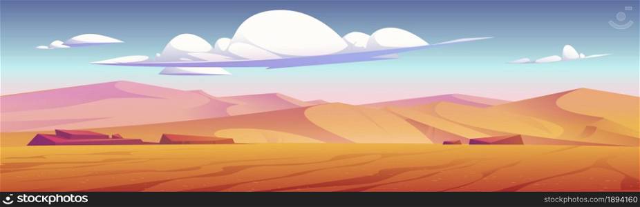 Desert landscape with golden sand dunes and stones under blue cloudy sky. Hot dry deserted african or mexican nature background with yellow sandy hills parallax scene, Cartoon vector illustration. Desert landscape with golden sand dunes and stones