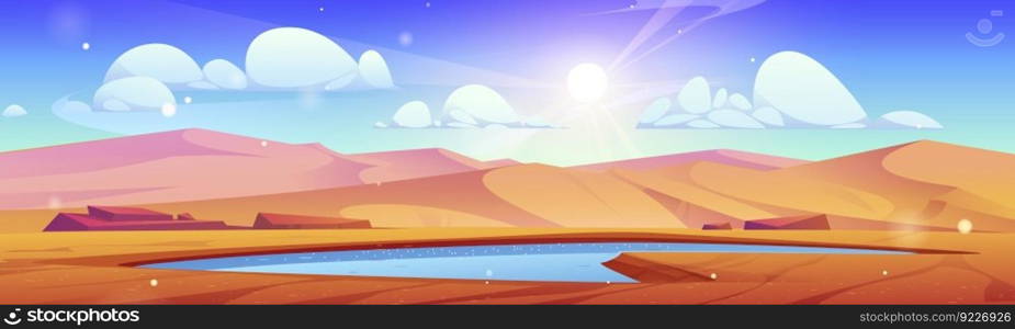 Desert landscape with lake water vector background. Empty oasis pond hole in drought Africa Sahara panorama scene. Egyptian sand nature hills game scenery with waterhole and sun beam in blue sky.. Desert landscape with lake water, empty oasis pond