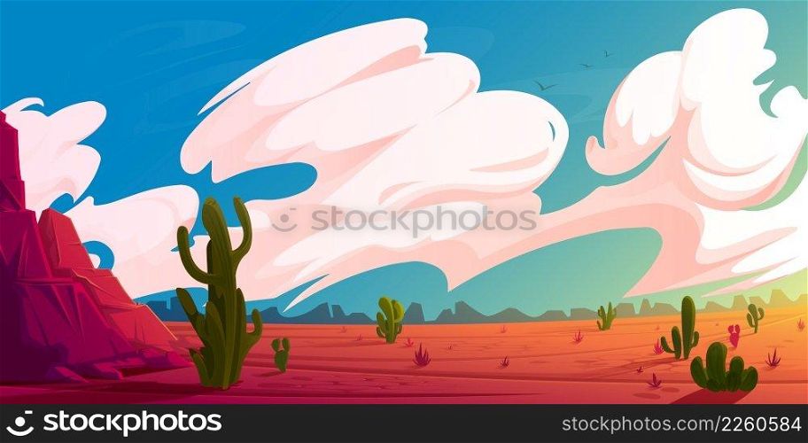 Desert landscape with mountains, cactuses and red dry ground at sunrise. Vector cartoon illustration of hot American or Mexican desert with rocks, plants, saguaro and clouds in sky. Desert landscape with rocks and cactuses