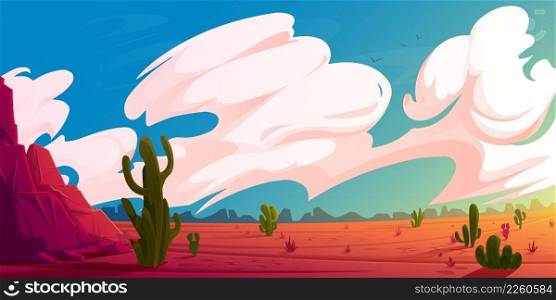 Desert landscape with mountains, cactuses and red dry ground at sunrise. Vector cartoon illustration of hot American or Mexican desert with rocks, plants, saguaro and clouds in sky. Desert landscape with rocks and cactuses