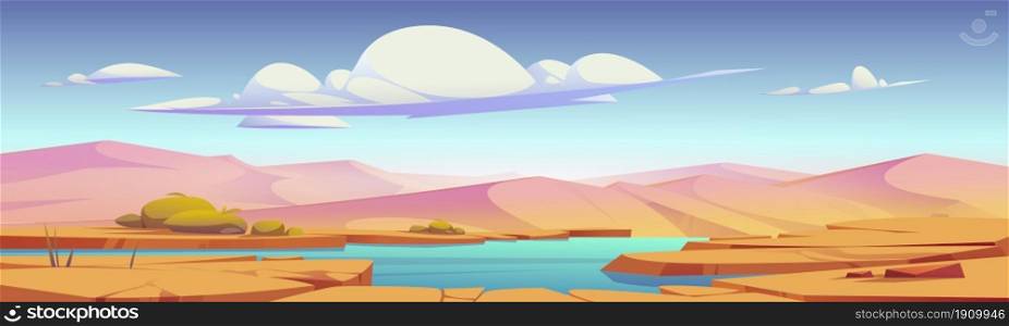 Desert landscape with oasis and sand dunes. Vector cartoon illustration of hot tropical desert with lake or river, dry cracked ground and green bushes. Pond with blue water in Sahara. Desert landscape with oasis and sand dunes