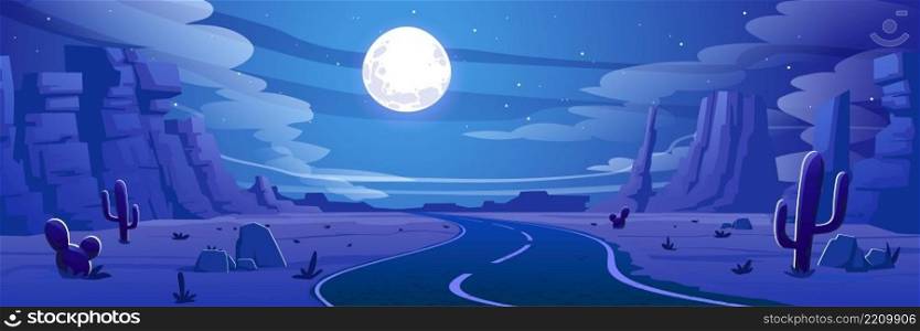 Desert landscape with road, rocks and cactuses at night. Vector cartoon illustration of highway turn in hot sand desert with mountains, moon and stars in sky. Desert landscape with road at night
