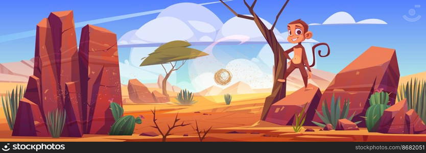 Desert landscape with rocks, cactuses and cute monkey. Vector cartoon illustration of happy ape in hot sand desert in Africa with stones, tropical trees and rolling tumbleweed. Desert landscape with rocks, cactuses and monkey