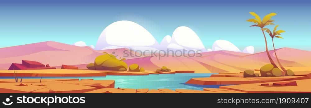 Desert landscape with sand dunes and oasis with lake or pond and palm trees. Vector cartoon illustration of hot tropical desert with river, dry cracked ground and green bushes on shore. Desert landscape with sand dunes and oasis