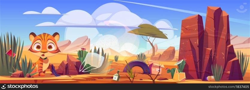 Desert landscape with scared tiger and trash. Concept of nature pollution by plastic garbage and waste. Vector cartoon illustration of sand desert with tiger, cactuses, stones, bags, cups and tires. Desert landscape with scared tiger and trash