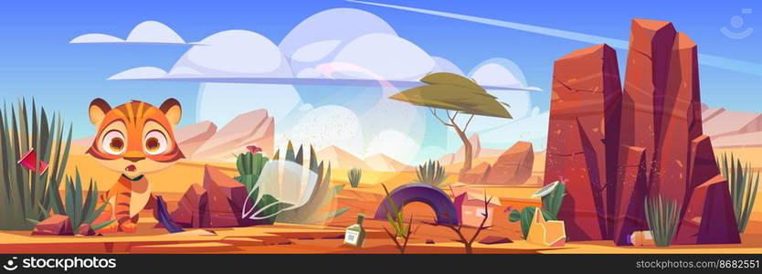 Desert landscape with scared tiger and trash. Concept of nature pollution by plastic garbage and waste. Vector cartoon illustration of sand desert with tiger, cactuses, stones, bags, cups and tires. Desert landscape with scared tiger and trash