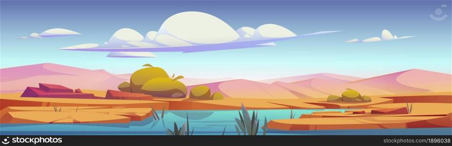 Desert oasis with river, sand dunes and plants cartoon landscape. Vector parallax background for game with sandy hills, stones and water pond under cloudy sky. Deserted sahara nature panoramic scene. Desert oasis, river, dunes and plants landscape