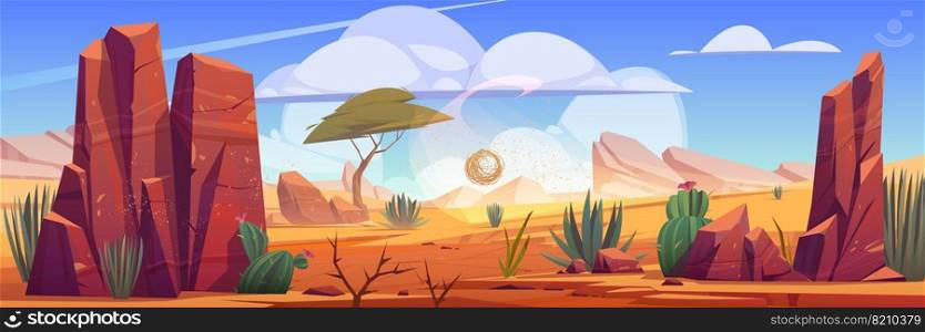 Desert of Africa natural background with tumbleweed rolling along hot dry deserted african nature landscape with yellow sand, green cacti, rocks under blue sky with light clouds cartoon illustration. Desert Africa natural background with tumbleweed