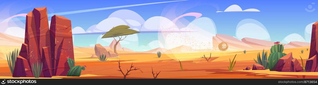 Desert of Africa natural landscape, african panoramic background with tumbleweed rolling along hot dry deserted nature with yellow sand, cacti, rocks under blue sky with clouds, Cartoon illustration. Desert of Africa natural landscape, background