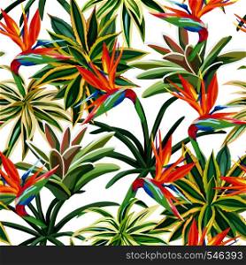 Desert plant cactus tropical flower bird of paradise seamless pattern white background. Beach vector wallpaper