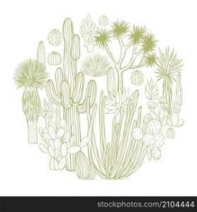 Desert plants, cacti in a circle. Vector sketch illustration.. Desert plants, cacti in a circle.