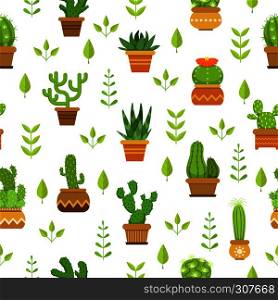 Desert plants with flowers. Cactus in pots. Vector seamless pattern with green cactus, illustration of background with tropical cacti. Desert plants with flowers. Cactus in pots. Vector seamless pattern