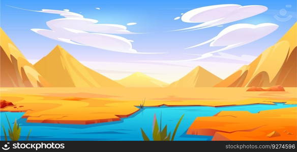 Desert river landscape with yellow sand dunes or mountains vector cartoon scenic background. Oasis with lake water in dry african Sahara cracked ground with dusty green plants under sunny blue sky. Desert river landscape vector cartoon background