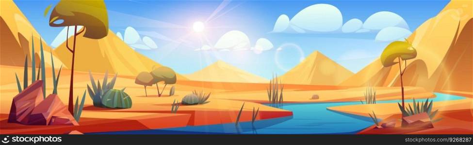 Desert river landscape with yellow sand dunes vector cartoon background. Oasis with lake water in dry african Sahara illustration with dusty green cactus, red stones and hot sun beams with lens flare. Desert river landscape vector cartoon background