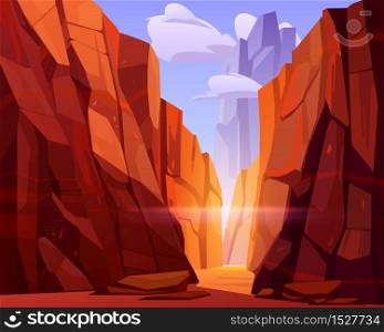 Desert road in canyon with red mountains. Vector cartoon landscape of nature park, ground road in gorge with stone cliffs and rocks. Grand canyon national park in Arizona. Desert road in canyon with red mountains