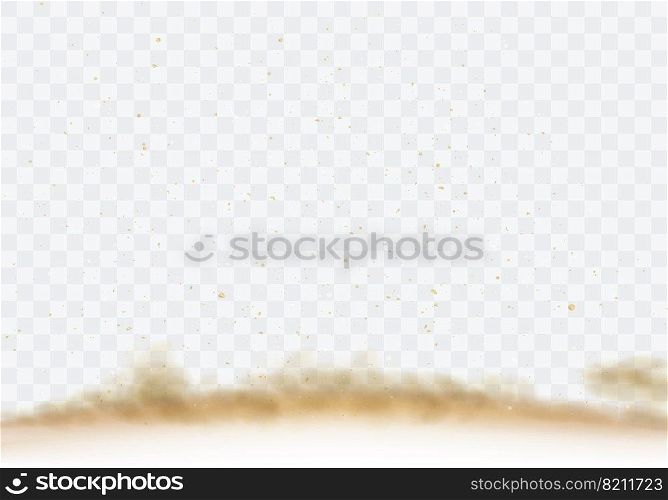 Desert sandstorm, brown dusty cloud border or dry sand flying with gust of wind, brown smoke realistic texture with small particles or grains vector illustration isolated on transparent background. Desert sandstorm, brown dusty cloud on transparent