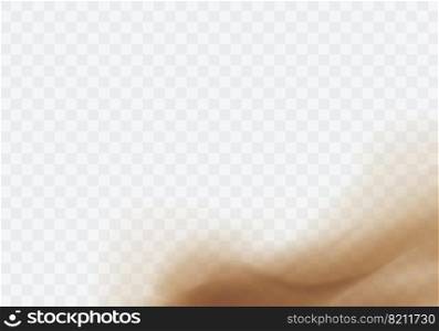 Desert sandstorm, brown dusty cloud or dry sand flying with gust of wind, brown smoke realistic texture with small particles or grains vector illustration isolated on transparent background. Desert sandstorm, brown dusty cloud on transparent