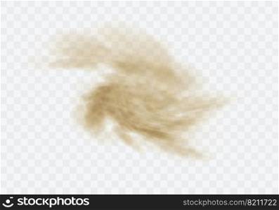 Desert sandstorm, brown dusty twisted or swirling vortex cloud ban≠r or dry sand flying with gust of wind, brown smoke realistic texture vector illustration isolated on transparent background. Desert sandstorm, brown dusty cloud on transparent