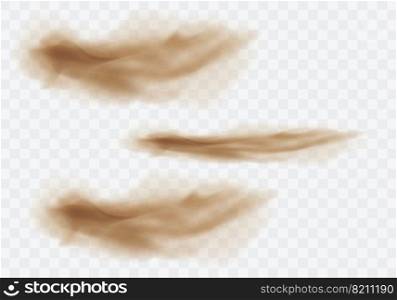 Desert sandstorm set, brown dusty clouds or dry sand flying with gust of wind, explosion collection realistic texture vector illustration isolated on transparent background. Desert sandstorm, brown dusty cloud on transparent
