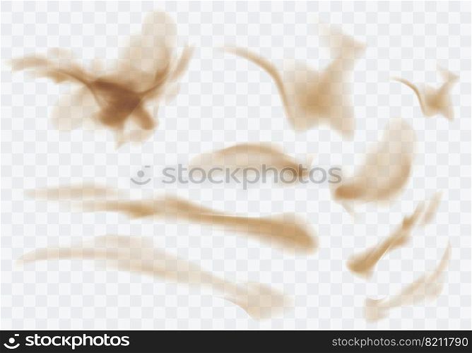 Desert sandstorm set, brown dusty clouds or dry sand flying with gust of wind, explosion collection realistic texture vector illustration isolated on transparent background. Desert sandstorm, brown dusty cloud on transparent