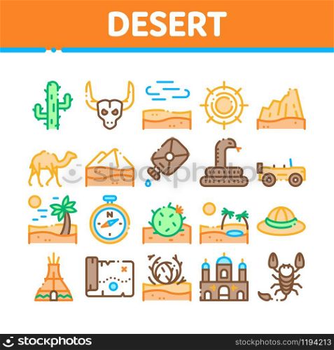 Desert Sandy Landscape Collection Icons Set Vector Thin Line. Desert Sand Dune, Snake And Camel, Car And Scorpion, Compass And Ox Skull Concept Linear Pictograms. Color Contour Illustrations. Desert Sandy Landscape Collection Icons Set Vector