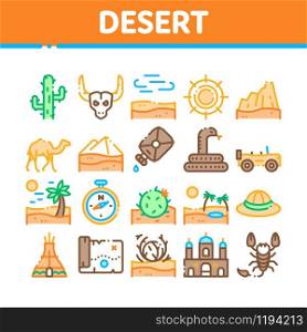 Desert Sandy Landscape Collection Icons Set Vector Thin Line. Desert Sand Dune, Snake And Camel, Car And Scorpion, Compass And Ox Skull Concept Linear Pictograms. Color Contour Illustrations. Desert Sandy Landscape Collection Icons Set Vector