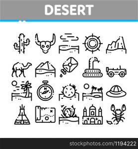 Desert Sandy Landscape Collection Icons Set Vector Thin Line. Desert Sand Dune, Snake And Camel, Car And Scorpion, Compass And Ox Skull Concept Linear Pictograms. Monochrome Contour Illustrations. Desert Sandy Landscape Collection Icons Set Vector