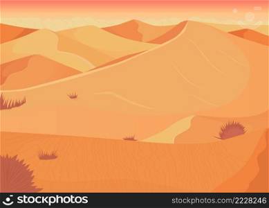 Desert sunset flat color vector illustration. Dryland system. Extremely dry environment. Tropical place for vacation 2D simple cartoon landscape with sparse vegetation on background. Desert sunset flat color vector illustration