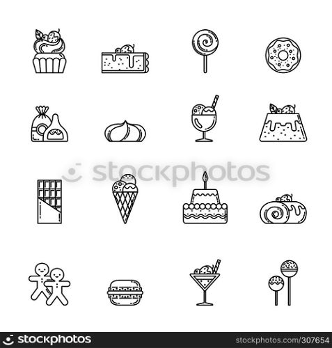 Desert vector icon set. Cupcake, sweets and other baking foods. Outline illustrations isolate on white background. Sweet food cupcake with cream, bakery ans sweet cake linear. Desert vector icon set. Cupcake, sweets and other baking foods. Outline illustrations isolate on white background