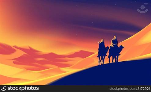 Desert vector illustration of a nomad is crossing a desert with a sunset vibe.
