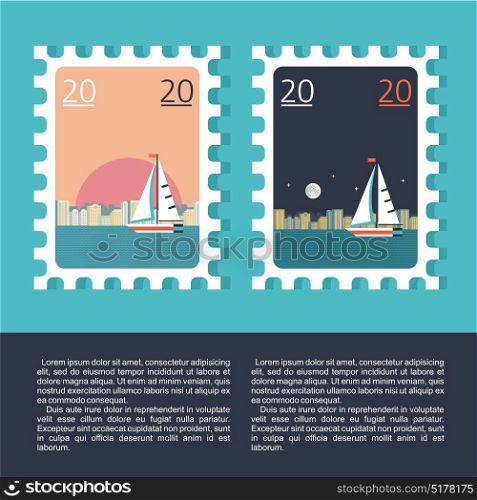 Design a postage stamp. Sea travel. Yacht on the background of the city night and day landscape.