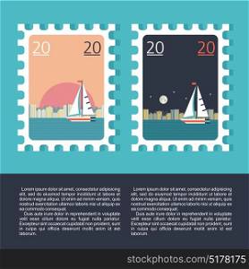 Design a postage stamp. Sea travel. Yacht on the background of the city night and day landscape.