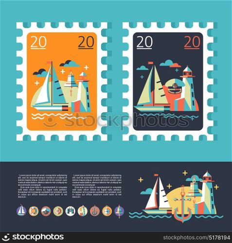 Design a postage stamp. Sea voyage on a yacht. The icons set.