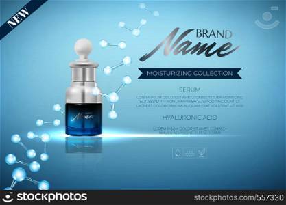Design advertising poster for cosmetic product for catalog, magazine.Design of cosmetic package. Moisturizing cream, gel, body lotion, serum with vitamins and hyaluronic acid
