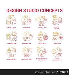 Design agency, creative workshop concept icons set. Designers team cooperation types and creative process steps idea thin line RGB color illustrations. Vector isolated outline drawings