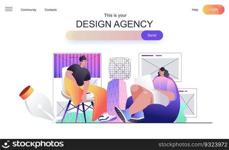 Design agency web concept for landing page. Designers man and woman working on a project, create and drawing graphic elements banner template. Vector illustration for web page in flat cartoon design
