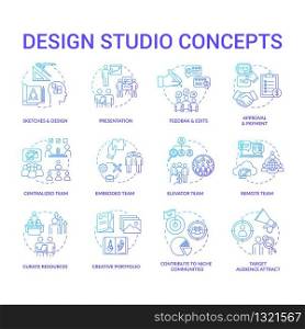 Design agency, workshop concept icons set. Creative studio structure, designer teams and creative process steps idea thin line RGB color illustrations. Vector isolated outline drawings