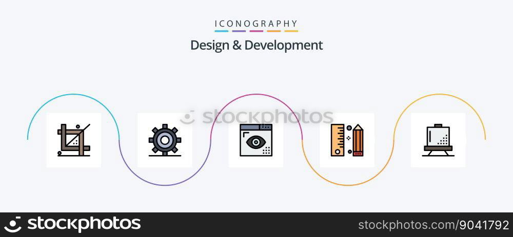 Design and Development Line Filled Flat 5 Icon Pack Including development. coding. gear. programing. development