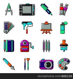 Design and drawing tools set. Cartoon illustration of 16 design and drawing tools vector icons for web. Design and drawing tools icons set, cartoon style