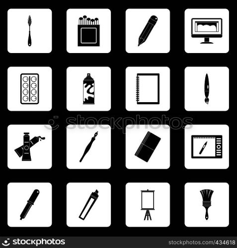 Design and drawing tools set in white squares on black background simple style vector illustration. Design and drawing tools icons set squares vector
