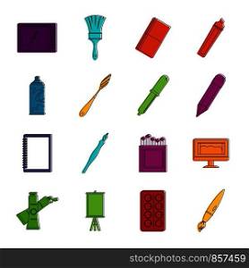 Design and drawing tools set. Outline illustration of 16 design and drawing tools vector icons set. Doodle illustration of vector icons isolated on white background for any web design. Design and drawing tools icons doodle set