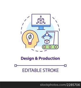 Design and production concept icon. Circular economy process abstract idea thin line illustration. Sustainable development. Isolated outline drawing. Editable stroke. Arial, Myriad Pro-Bold fonts used. Design and production concept icon