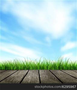 Design Background With Wooden Floor, Grass And Blue Sky
