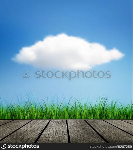Design Background With Wooden Floor, Grass And Cloud On A Blue Sky