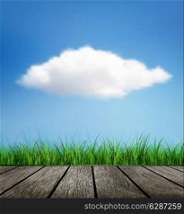 Design Background With Wooden Floor, Grass And Cloud On A Blue Sky